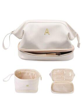 Large Travel Makeup Bag PU Leather Cosmetic Organizer Toiletry Brush Holder